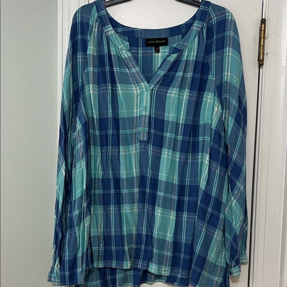 Lane Bryant Teal and Blue Plaid Blouse